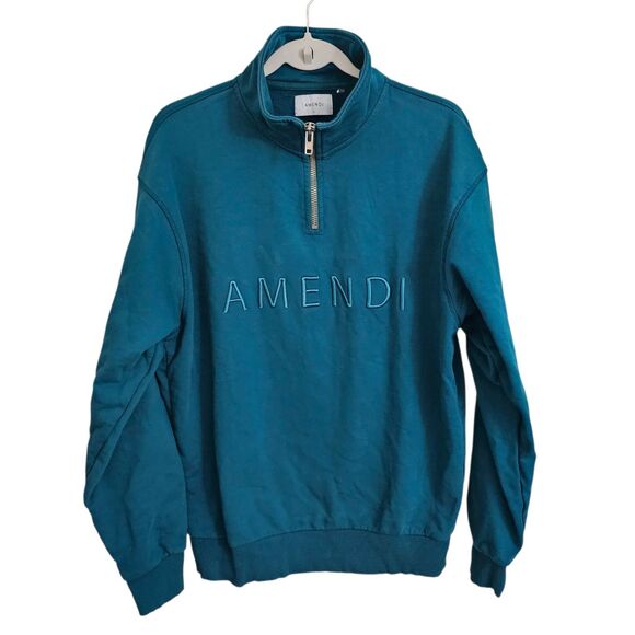 Amendi Sweater Mens Large Teal Terry Frank Petrol 1/4 Zip Pullover Gorpcore - Picture 1 of 10